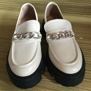 Women's Cream Chunky Loafers with Silver Chain